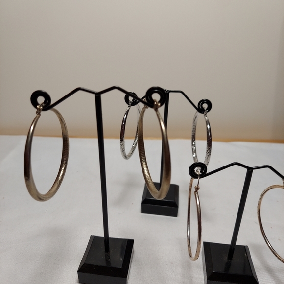 3 pair Silver tone  hoop earrings with texture. 2" dangle round - Picture 2 of 5